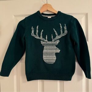 Kids' Cotton Crewneck Winter Sweater, Deer Design, Green and White, M (7-8)